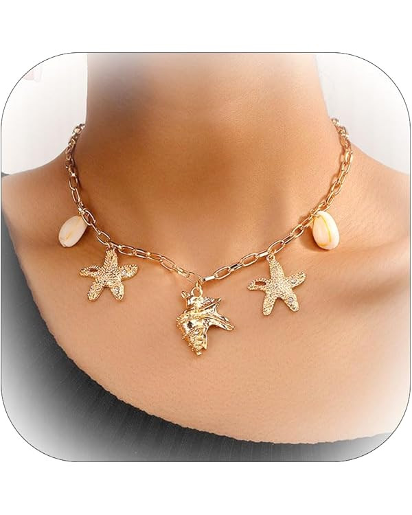 Charm Necklace for Women Dainty Gold Charms Necklaces for Women Trendy Pendant Choker Chain Shell... | Amazon (US)