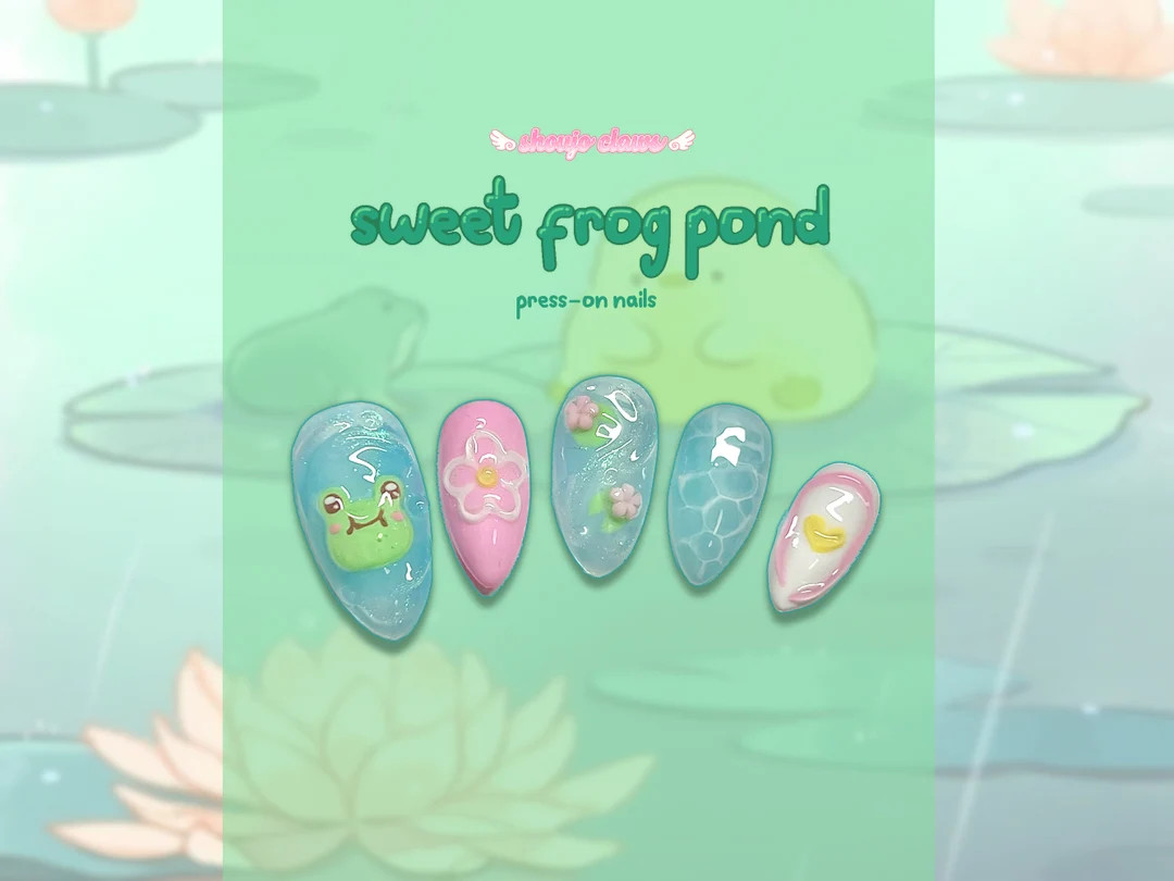 Sweet Frog Pond Press-On Nails || 3d animal nails, water nails | Etsy (US)