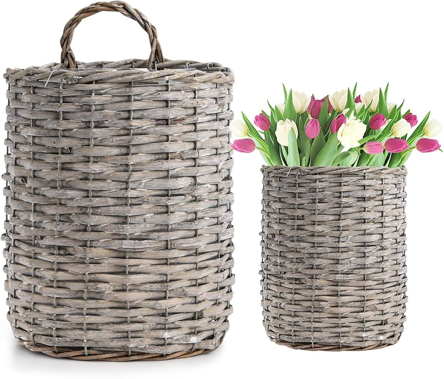 Coloch Set of 2 Wall Hanging Wicker Basket, Farmhouse Garden Hanging Planter Woven Rattan Flower ... | Amazon (US)