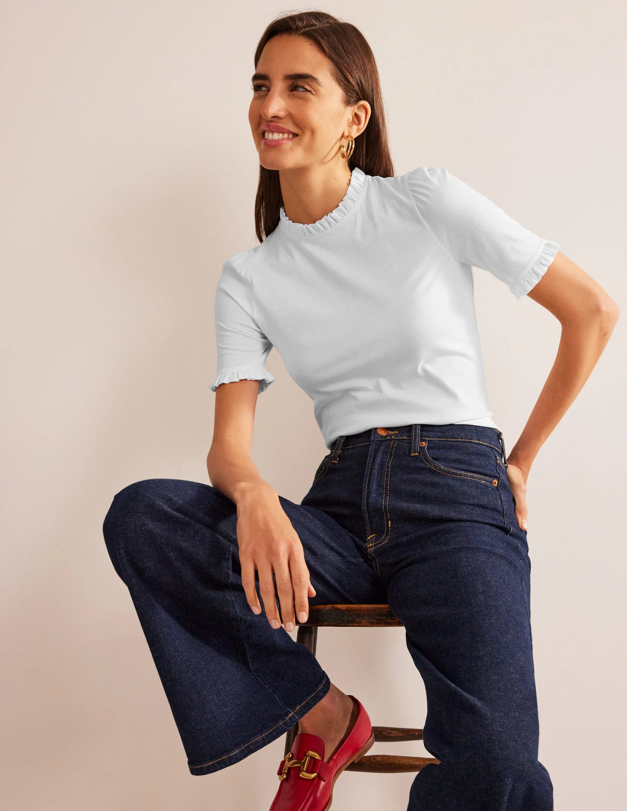 Supersoft Frill Detail T-shirt-White | Boden (US)