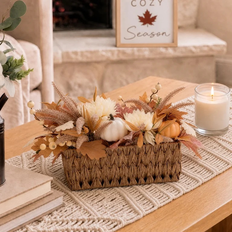 Pumpkins and Flowers Artificial Arrangement in Woven Basket, Cream and Brown, 10" x 18", Fall by ... | Walmart (US)