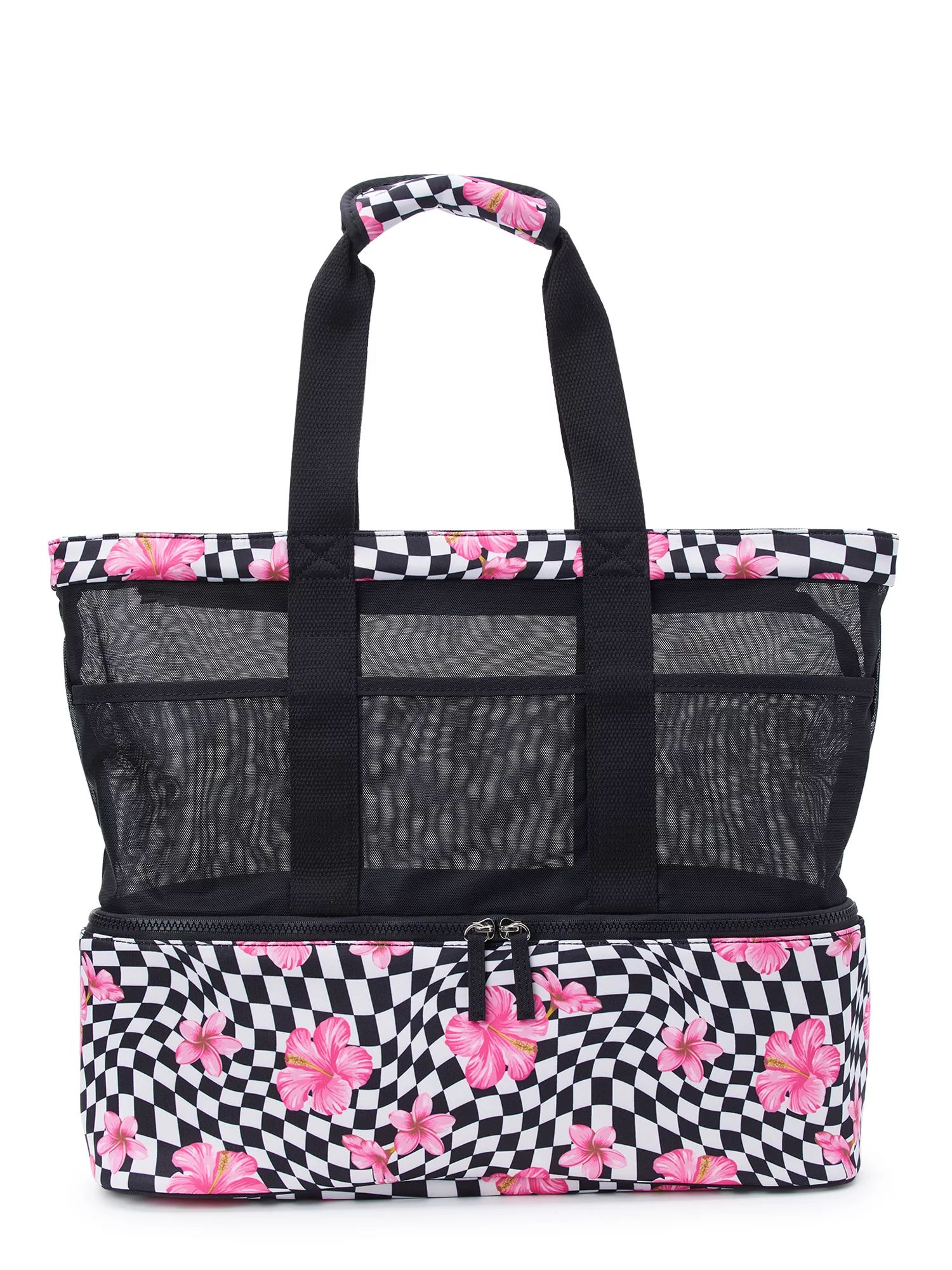 No Boundaries Women’s Zip Bottom Beach Tote Handbag, Black and Pink | Walmart (US)