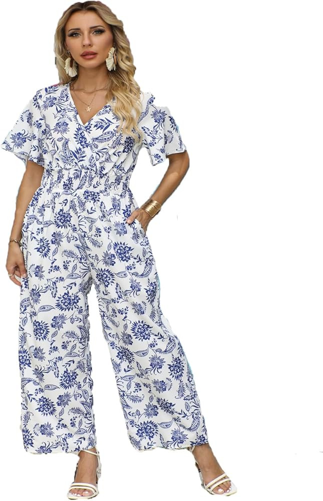 Tooluck Midnight Blue Floral Print Jumpsuit Long Sleeves V-Neck High Waist Design With Loose Wide... | Amazon (US)