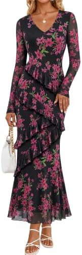 MEROKEETY Womens Fall Wedding Guest Floral Long Sleeve Bodycon Maxi Dress | 2026, Formal, V Neck,... | Amazon (US)
