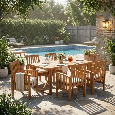 7-Piece Acacia Wood Outdoor Dining Set, Modern Rectangular Table with 6 Beige Cushioned Chairs for Patio, Backyard, Deck, and Poolside-Panipeachy | Target
