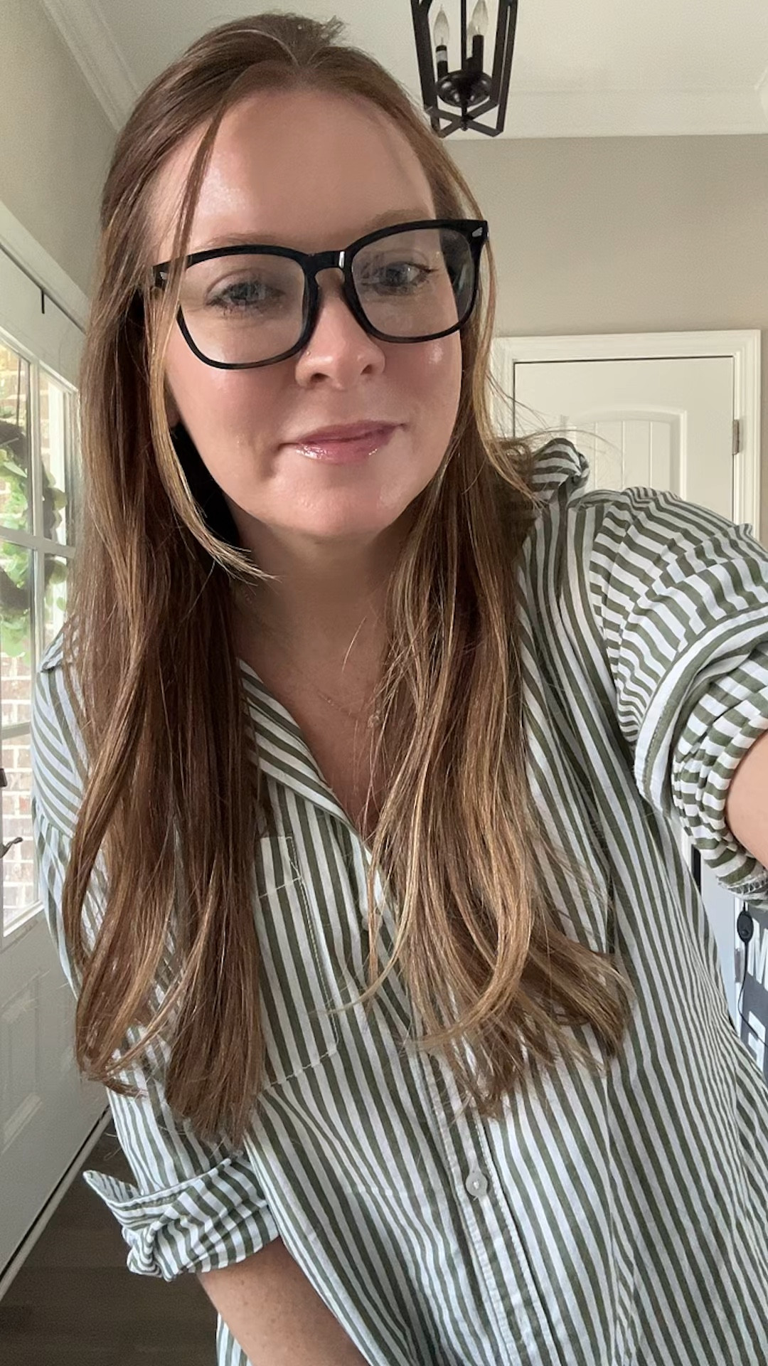 Striped button down / oversized / wearing a small
Ankle jeans / tts wearing a 28
Blue light glasses 
Hair claw clip 
Linked similar pink shoes 

#LTKootd #LTKdayinmylife #LTKWorkwear