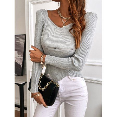 Grey Women s Sweetheart Puff Sleeve Solid Sweater Elegant S(4) F043D | Walmart (US)
