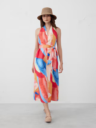 Linen-Blend Twist-Back Midi Dress | Banana Republic Factory