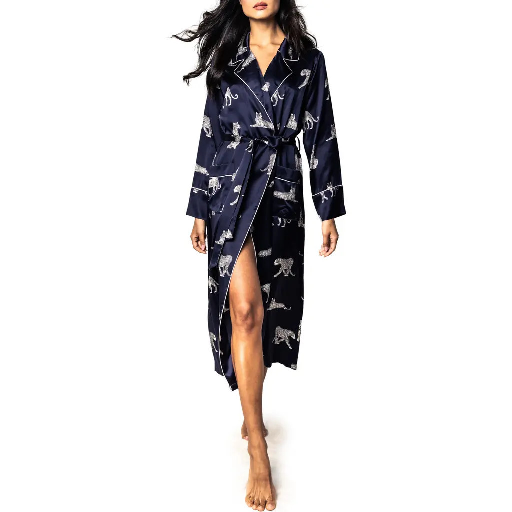Petite Plume Panthre de Nuit Piped Silk Robe in Navy at Nordstrom, Size Large | Nordstrom