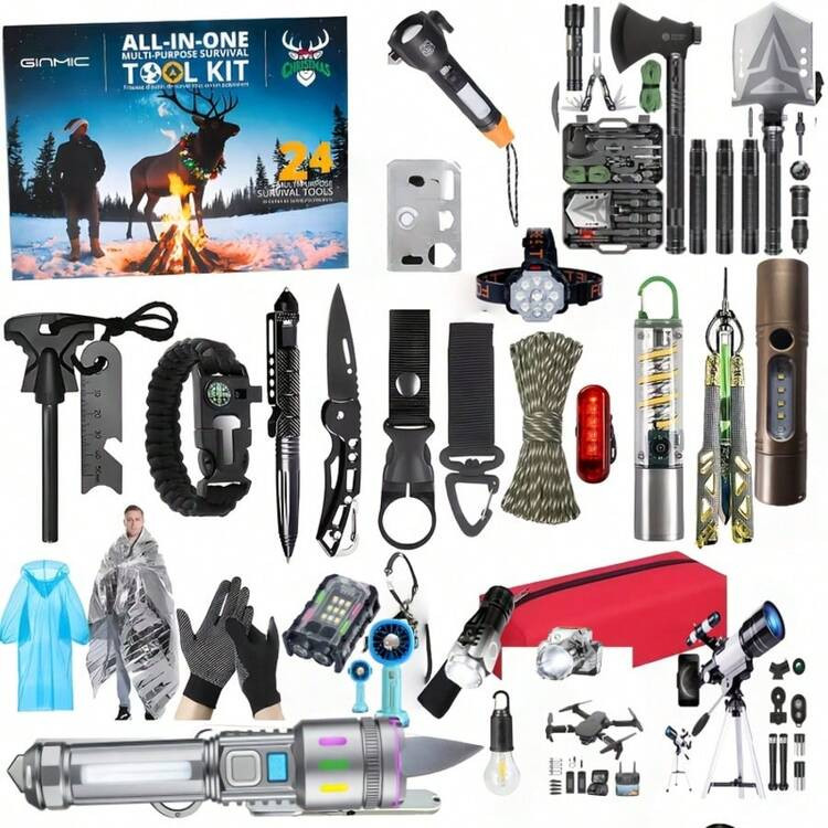 Survival Gear And Fishing Adventure Calendar | Includes Flashlights, Headlamps, Fire Starters, Compasses, First-Aid Kits, Portable Tools, Tweezers, Ropes, Cooling Patch, Whistle, Scissors, Nylon Bag, Mask - Perfect For Camping, Hiking | SHEIN