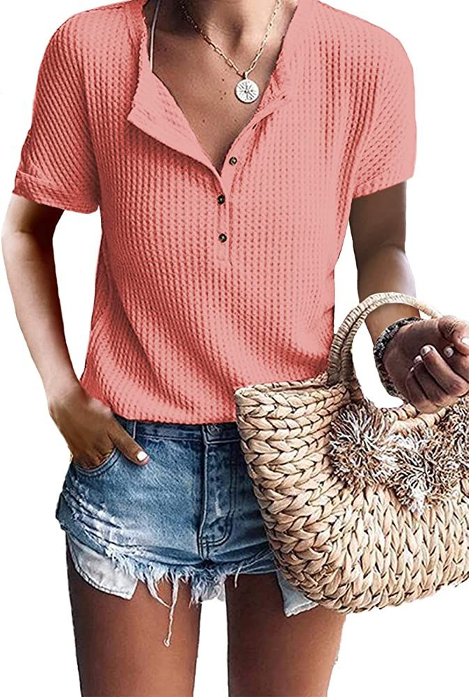 Amazon.com: Women's Short Sleeve Waffle Knit Tunic Blouse Henley Shirts Plain Tops White M : Clot... | Amazon (US)
