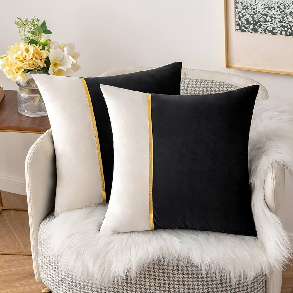 MIULEE Pack of 2 Decorative Velvet Throw Pillow Covers Patchwork with Gold Leather Square Soft So... | Amazon (US)