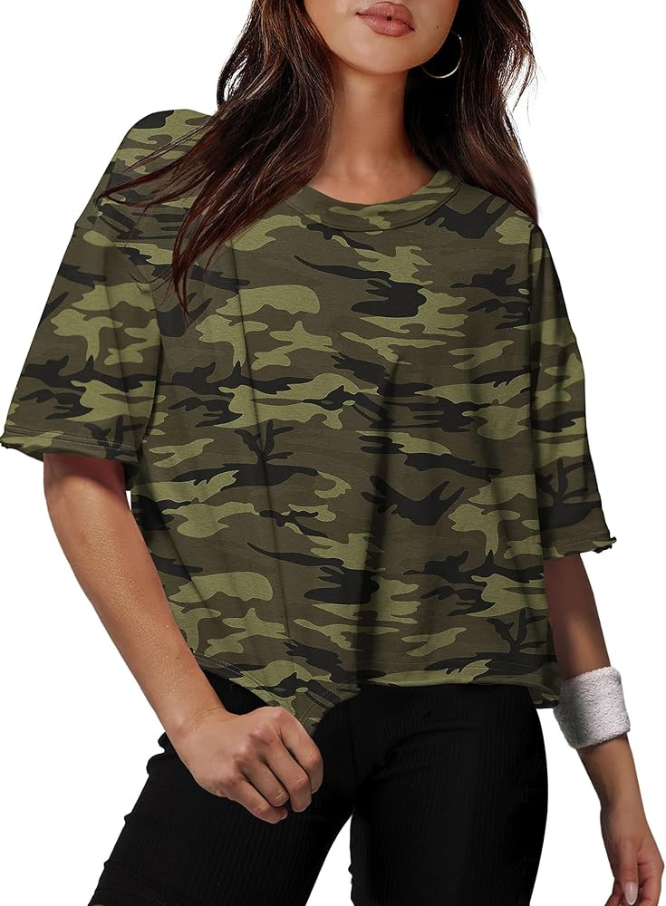 XIEERDUO Cotton Tshirts for Women Drop Shoulder Round Neck Oversized Crop Tops Workout Tops Tees | Amazon (US)