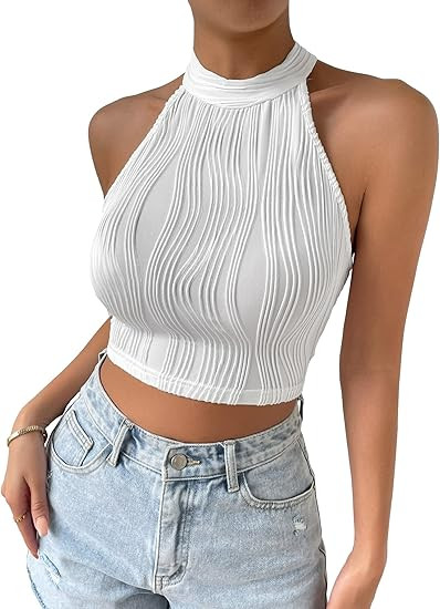 WDIRARA Women's Cut Out Back Halter Sleeveless Crop Tube Top Slim Fit Blouse | Amazon (US)