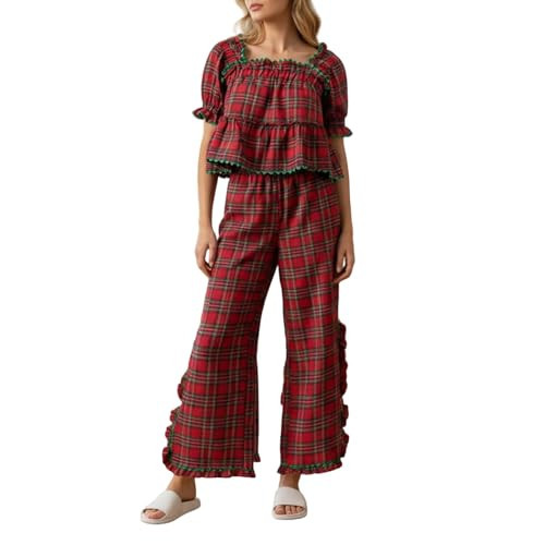 Mxiqqpltky Christmas Pajamas for Women Set Ruffle Plaid Pj Set Short Sleeve Tops and Pants Y2k Gingham Matching Lounge Sets (US, Alpha, Large, Regular, Regular, Red) | Amazon (US)