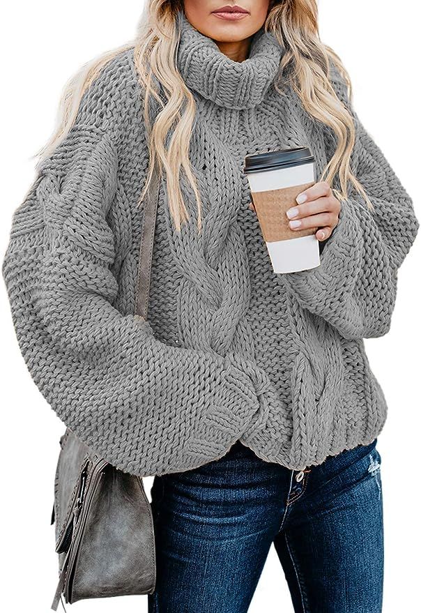 Astylish Women's Chunky Turtle Cowl Neck Loose Cable Knit Pullover Sweaters | Amazon (US)