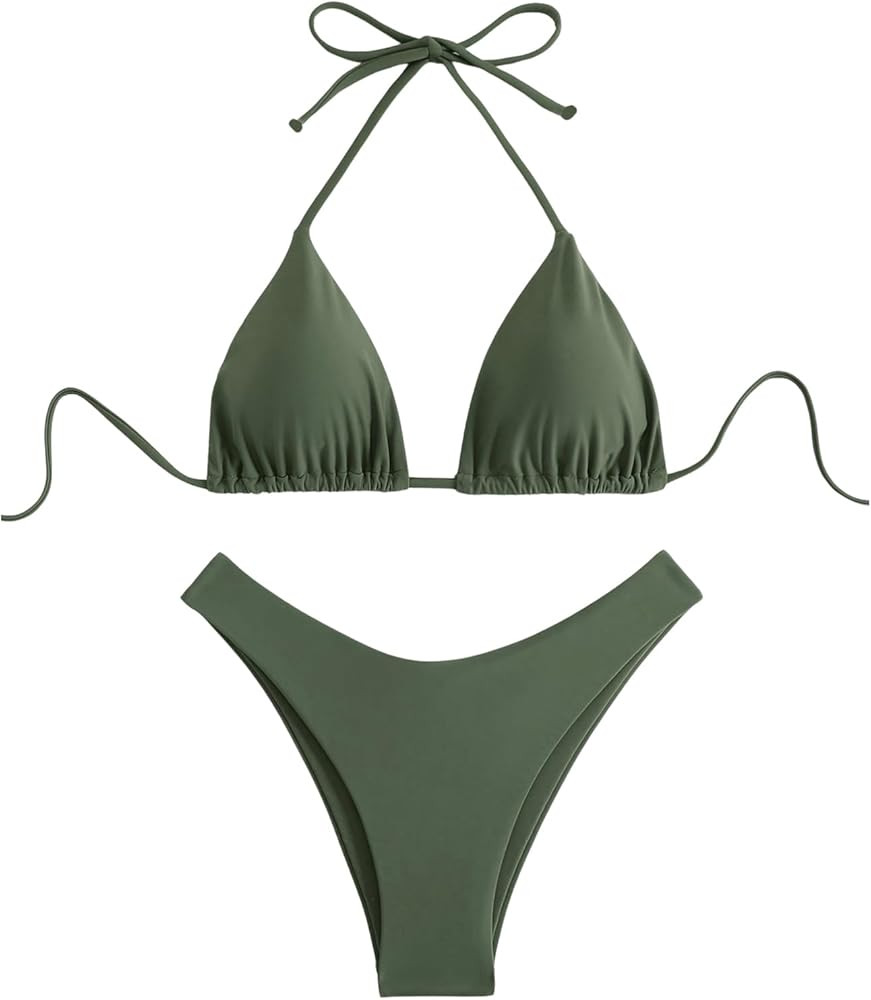 GORGLITTER Women's High Waisted Thong Bikini Set Halter Triangle Tie Back Swimsuit Bathing Suit | Amazon (US)