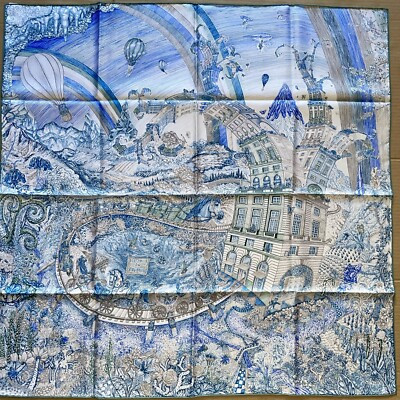 New Hermes Silk Les Folies du Faubourg scarf 90 34"x34" gray blue  | eBay | eBay US
