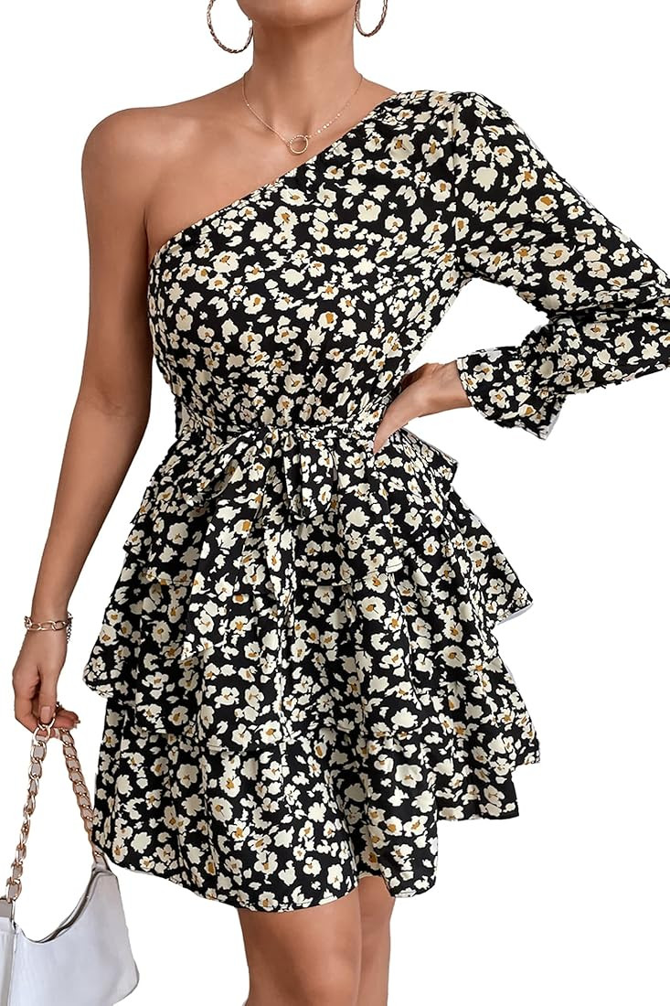 PRETTYGARDEN Women's Summer Tie One Shoulder Boho Floral Dress Elastic Waist Tiered Ruffle A Line... | Amazon (US)