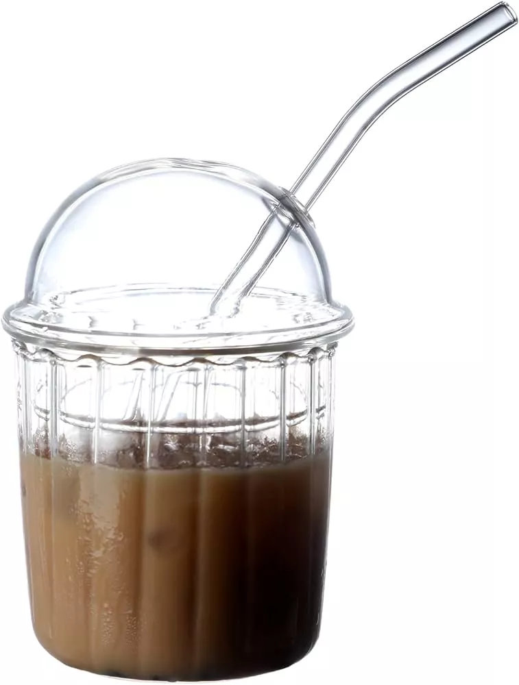 cosnou 13OZ/400ML Ice Coffee Glass Tumbler with Straw