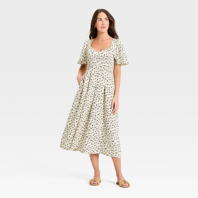 Women's Flutter Sleeve Belted Midi Dress - A New Day™ Cream/Black Floral 8 | Target