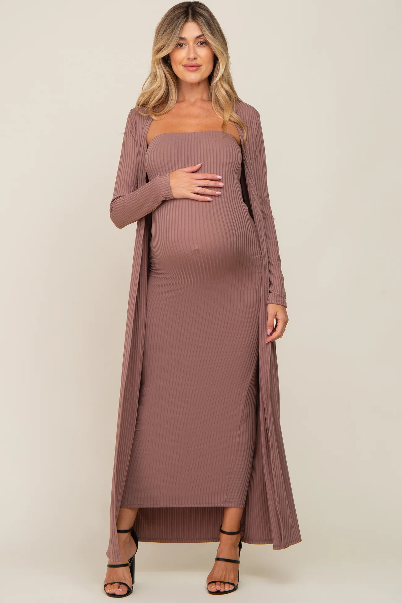 Mocha Ribbed Sleeveless Dress Cardigan Maternity Set | PinkBlush Maternity