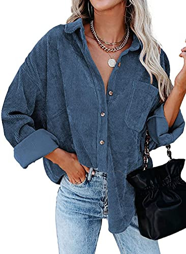 Womens Corduroy Button Down Shacket Casual Long Sleeve Shirt Jacket Oversized Blouses Tops Blue | Amazon (US)