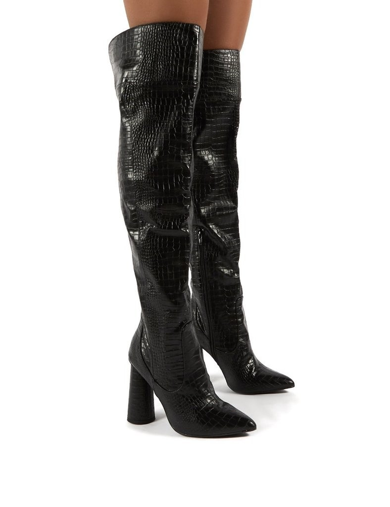 Hometown Black Croc Over The Knee Heeled Boots | Public Desire (US & CA)