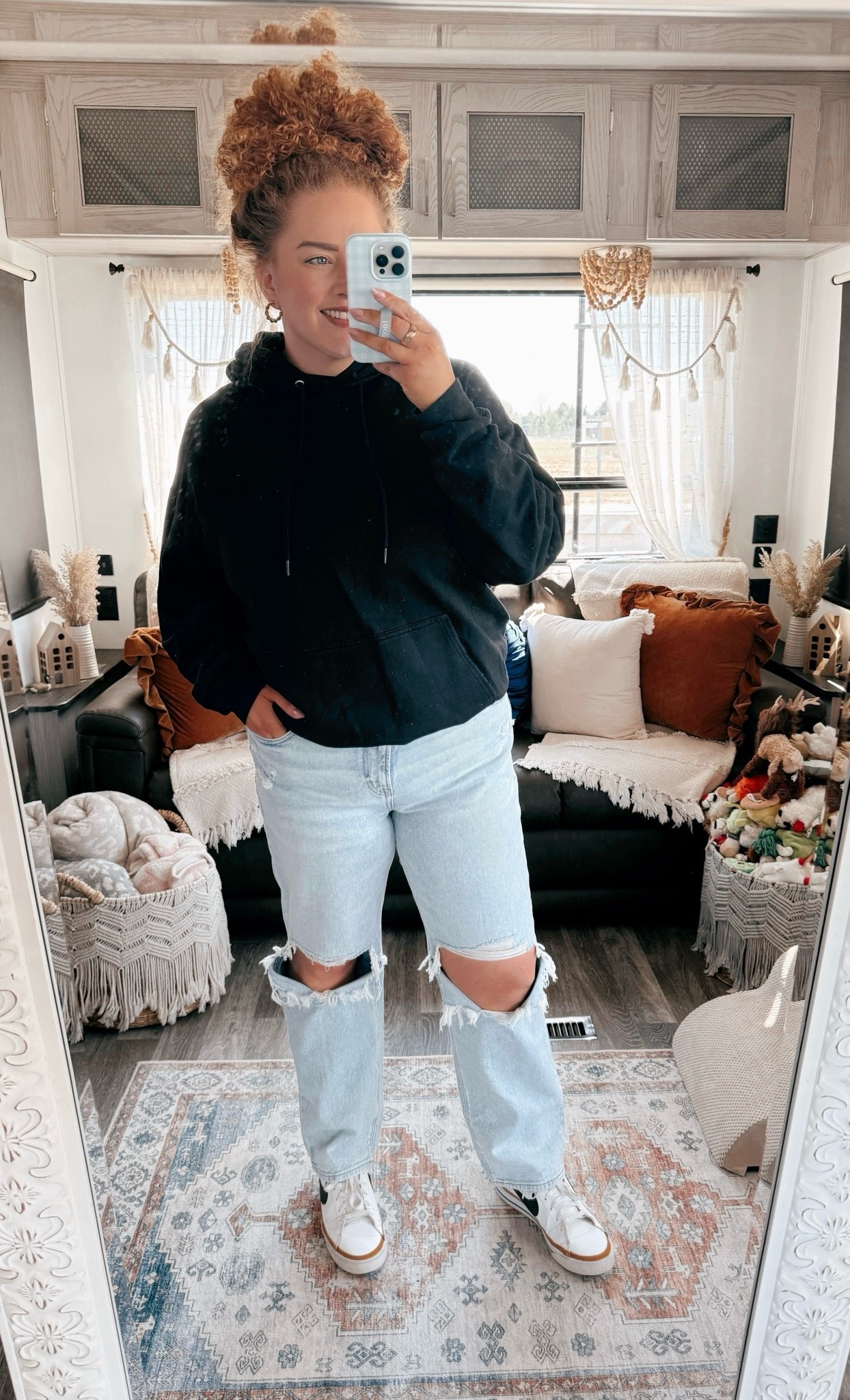 The kind of outfit I always come back to 🖤 Laid back, easy, and works every single time👏 black hoodie | light wash jeans | high waisted jeans | straight leg jeans | distressed jeans | ripped knee jeans | casual outfit | everyday outfit | laid back style | street style | comfy casual | off duty outfit | nike sneakers | basic outfit | effortless style

#LTKootd #LTKgrwm #LTKdayinmylife