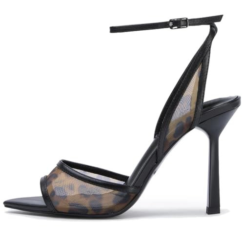 YIYA Women's Leopard Print Mesh Slingback Kitten Heels Sandals Open Peep Pointed Toe Stiletto High Heels Ankle Buckle Strap Summer Party Dress Pumps Shoes | Amazon (US)