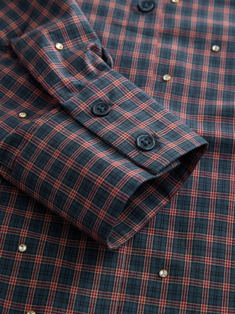 Navy/Red Check Gem Embellished Long Sleeve Shirt | Next US