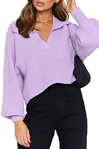 CHYRII Women Overized Puff Long Sleeve V Neck Knitted Polo Pullover Sweater Jumper Tops | Amazon (US)