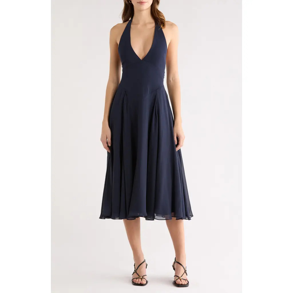 HOUSE OF CB Solada Georgette Halter Sundress in Navy at Nordstrom, Size Large | Nordstrom