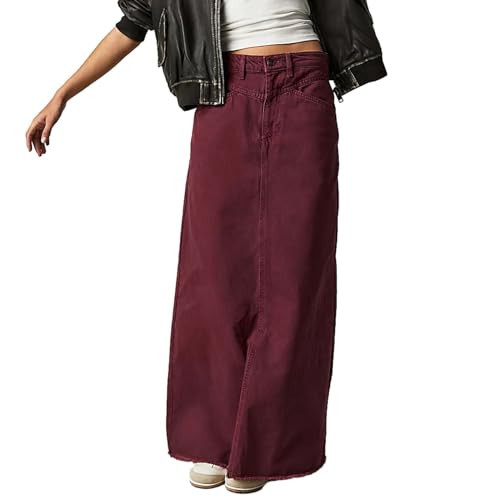 Women Denim Maxi Skirt Raw Hem A-Line Jean Skirt Casual Y2K Fashion High Waisted Long Denim Skirt with Pockets (Red, M) | Amazon (US)