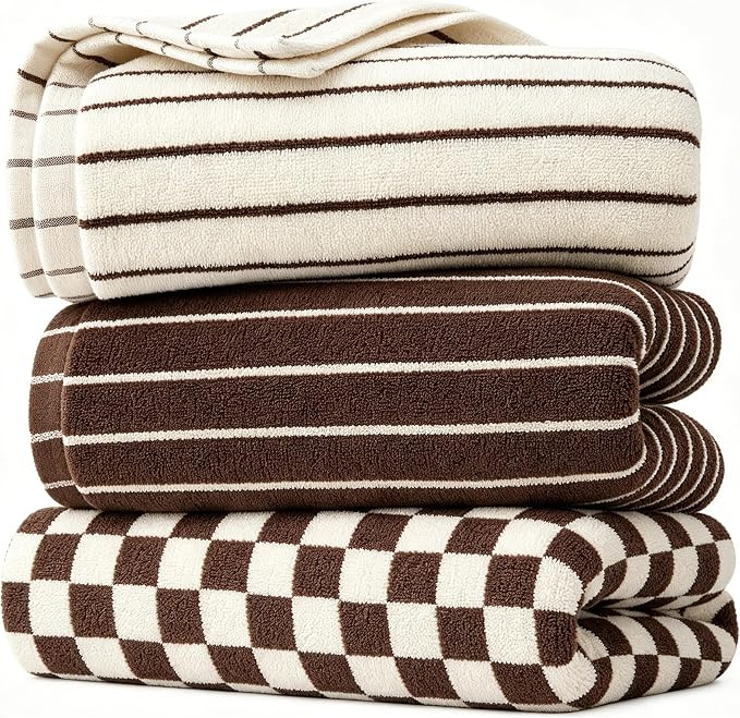 100% Cotton Striped Hand Towels Set, 3pcs Towels for Bathroom Brown | Quick Dry, Super Absorbent,... | Amazon (US)