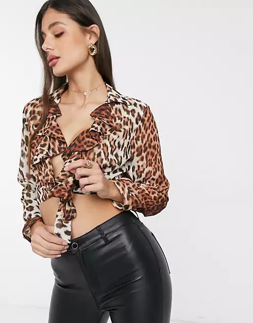 John Zack Tall ruffle top with tie front in leopard | ASOS | ASOS (Global)