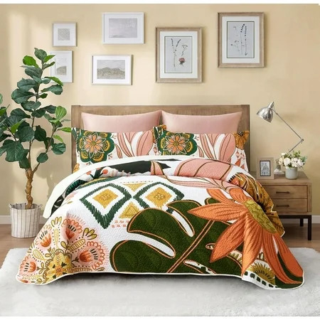 Tyrot 3-Piece Boho Floral Quilt Farmhouse Reversible Full/Queen Microfiber Bedding Quilt Sets Soft Touch, 90"x96" | Walmart (US)