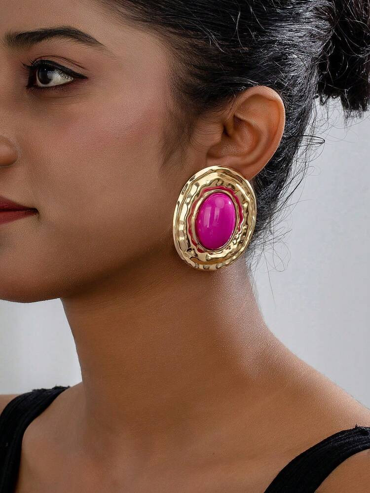 1 Par De Pendientes De Botón Ovalados Con Incrustraciones De Perlas Y Diseño Geométrico Vintage Elegante Para Mujeres | SHEIN