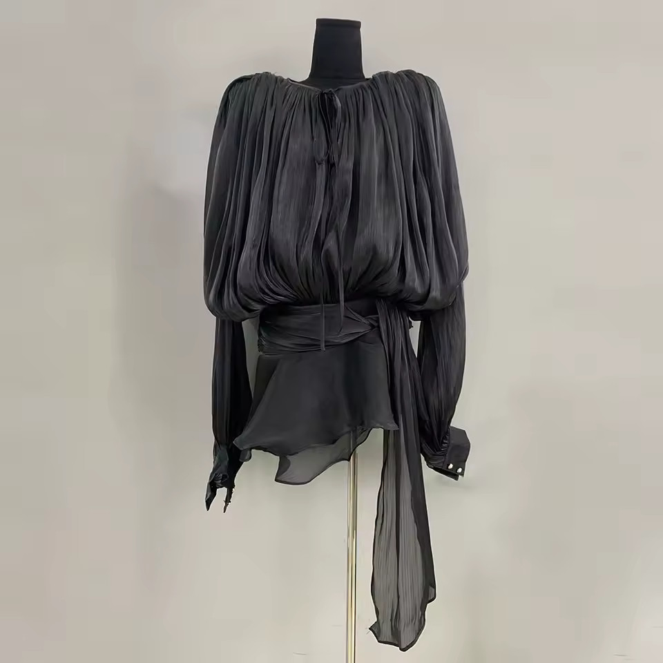 VGH, blusa holgada lisa con vestidos de cinta para mujer, cuello en V, manga larga, encaje empalm... | Aliexpress EU