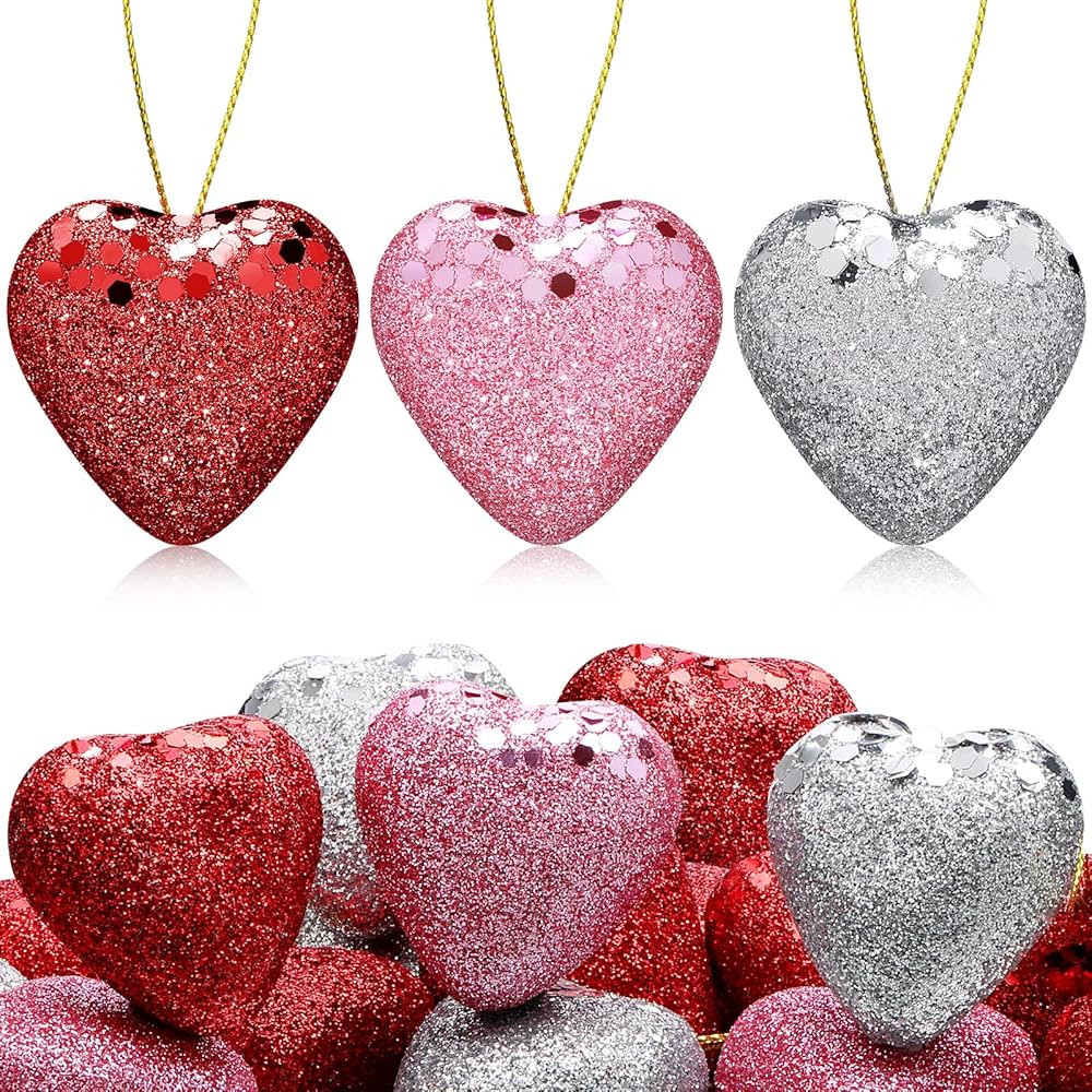 30 Pcs Valentine's Heart Shaped Decorations Valentine's Day Hanging Ornaments Red Pink Silver Hea... | Amazon (US)