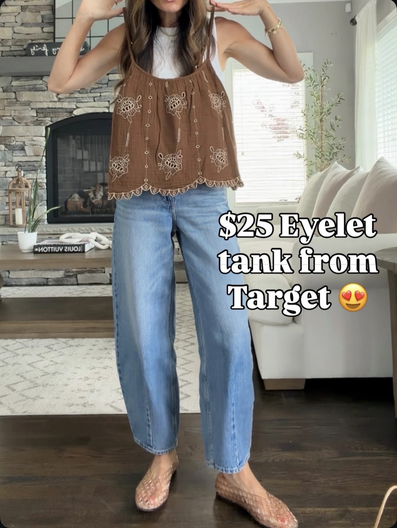 $25 and this eyelet tank is giving boutique vibes. The color is gorgeous and it’s even cuter in person! 🤎 wearing size xs

#LTKootd #LTKOver40 #LTKmomlife