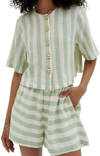 CHARTOU 2 Piece Lounge Linen Short Sets for Women Matching Striped Crop Top Summer Travel Vacatio... | Amazon (US)