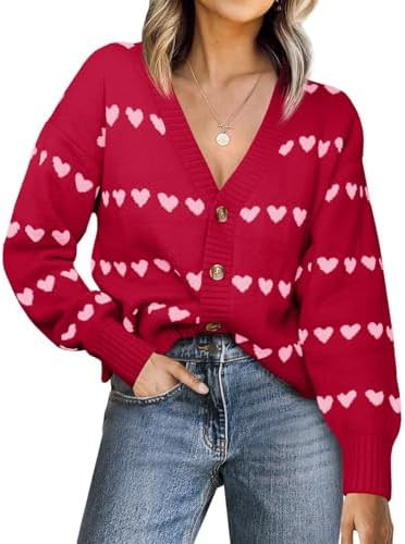 Saodimallsu Womens Heart Cardigan Sweaters Valentines V Neck Button Down Long Sleeve Knit Striped... | Amazon (US)