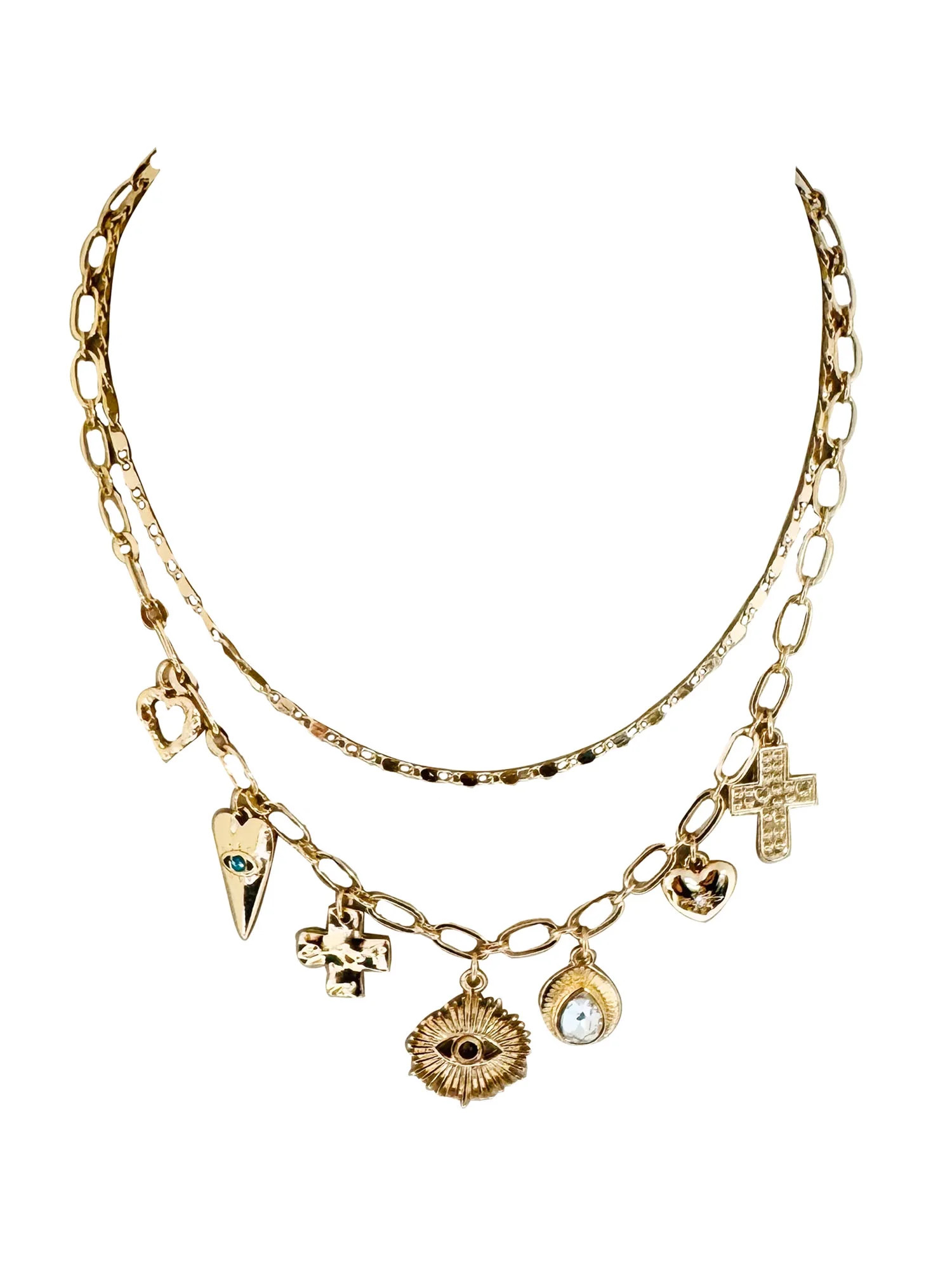 No Boundaries Multi Charm Hearts, Cross, Evil Eye Gold Plated Necklace for Female Adults and Teen... | Walmart (US)