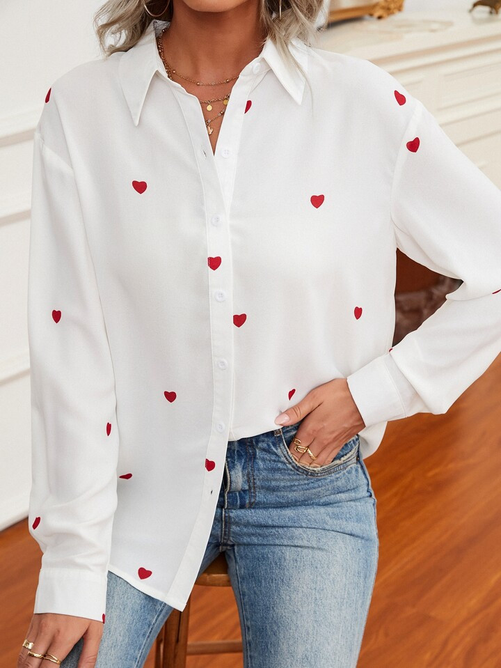 SHEIN Frenchy Heart Print Drop Shoulder Shirt | SHEIN