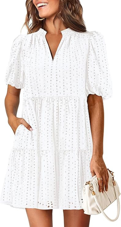 KIRUNDO Eyelet Summer Dresses for Women Mini Casual Hollow Out Short Sleeve Lace Tiered V Neck Sh... | Amazon (US)