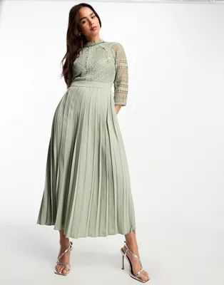 Little Mistress lace detail midaxi dress in sage green | ASOS (Global)