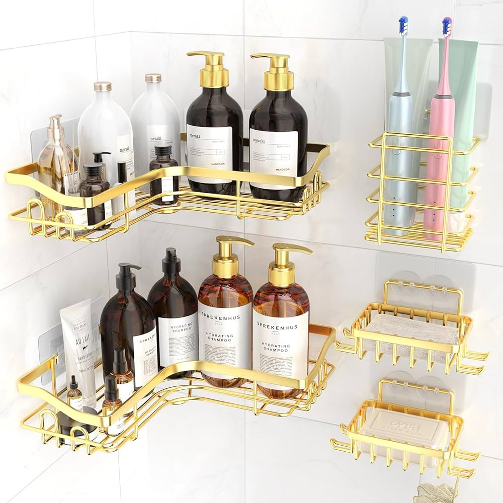 Gold Corner Shower Caddy, Adhesive Shower Organizer for Bathroom Storage, Rustproof Stainless Ste... | Amazon (US)