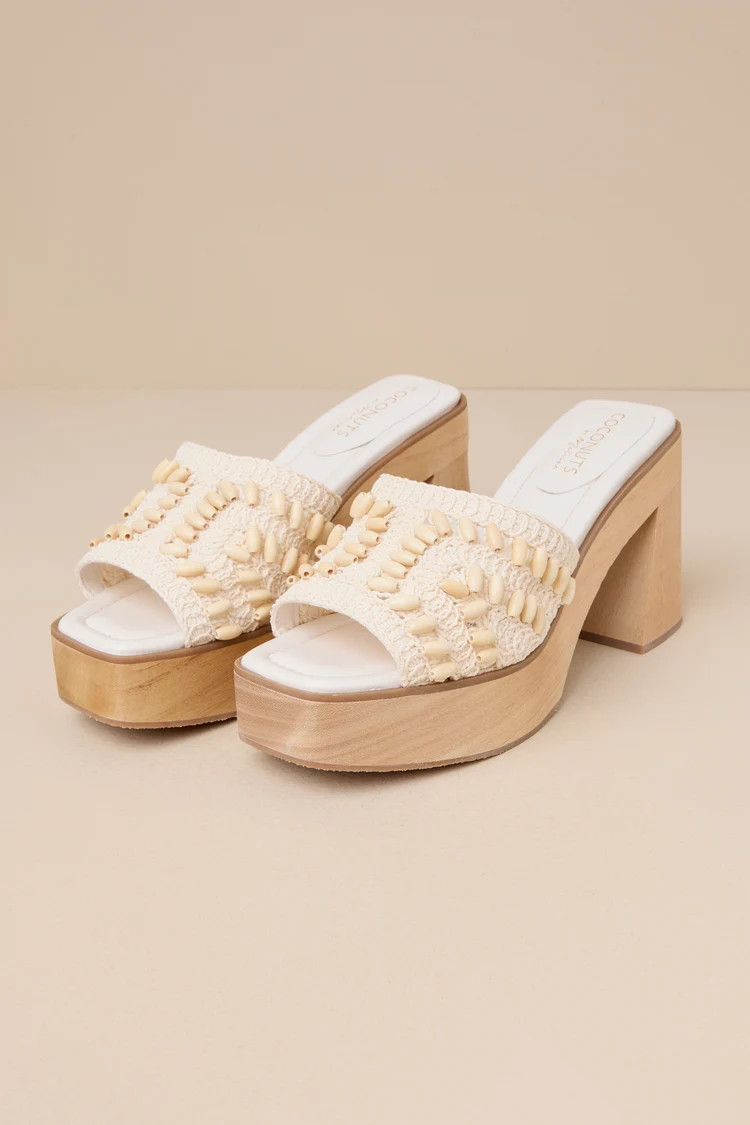 Glenn Natural Crochet Beaded Platform High Heel Slide Sandals | Lulus
