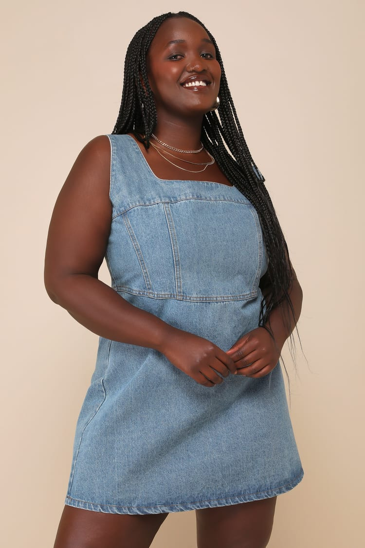 So Delighted Medium Wash Denim Corset Seam Mini Dress | Lulus